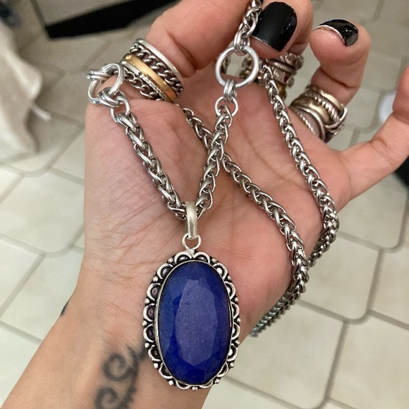 Genuine dark blue lapis lazuli oval gemstone boho charm silver necklace - Picture 2 of 13